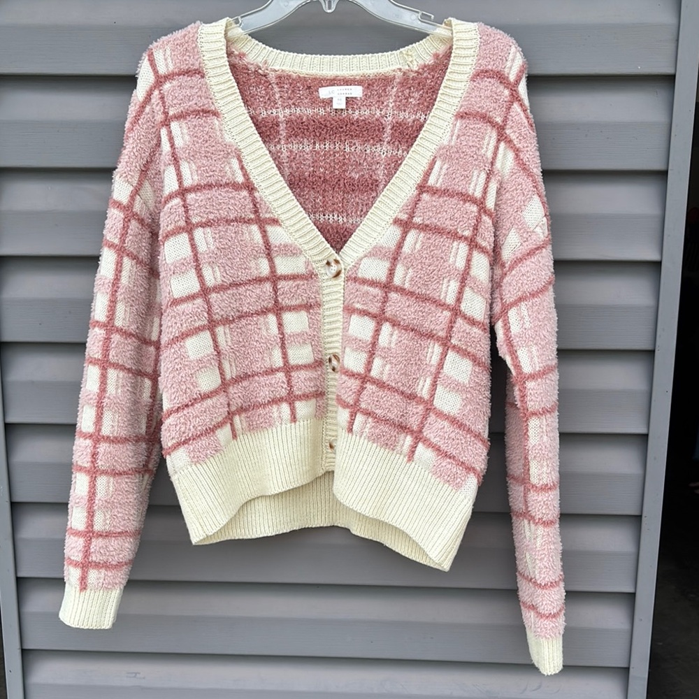 LC Lauren Conrad Pink and Cream Plaid Cardigan Sweater